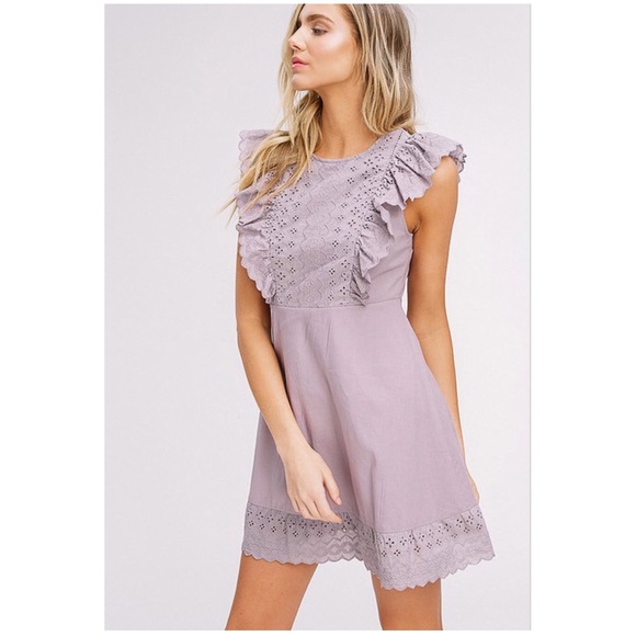 Mauve Embroider Eyelet Ruffle Sleeve Dress - Picture 4 of 7